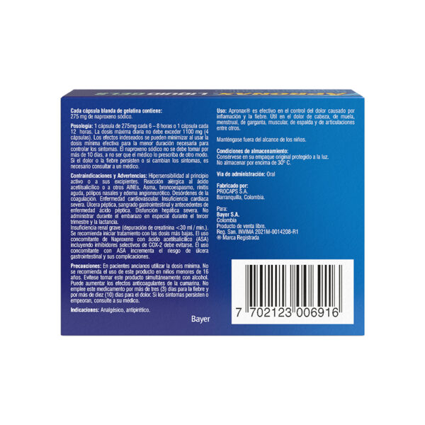 Apronax®  Naproxeno Sódico 275mg 8 Capsulas blandas  Reg. San. INVIMA 2021M-0014208-R1 - Imagen 3
