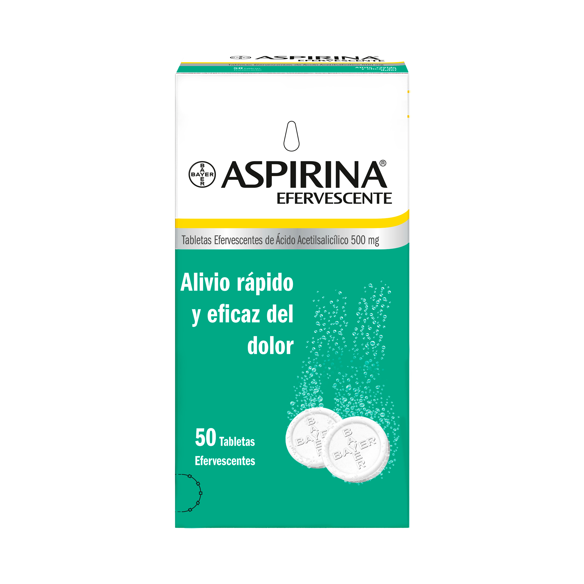 7702123006718-1_ASPIRINA-EFERV-0.5-G-X-50-TAB-IMP-CO Aspirina® Efervescente analgésico – antipirético, rápida acción efervescente para el alivio del dolor de cabeza o fiebre, Ácido Acetilsalicílico 500 mg, 50 tabletas efervescentes - Imagen 1